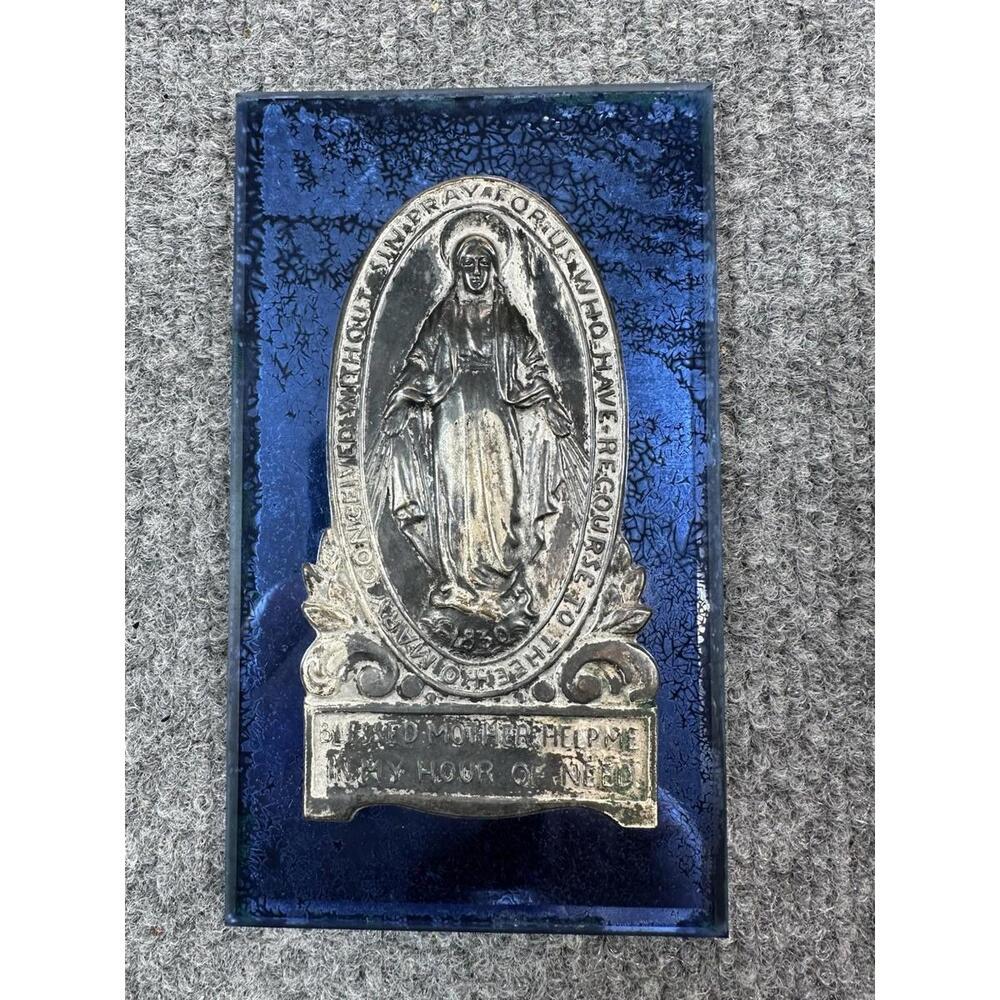 Antique Deco Madonna Plaque Mirror Virgin Mary Cobalt Blue Glass Metal Religion